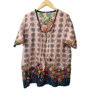 Johnny Was 100% Silk Tunic Blouse Women S Pink Mandala Pintuck Tassel Top EUC